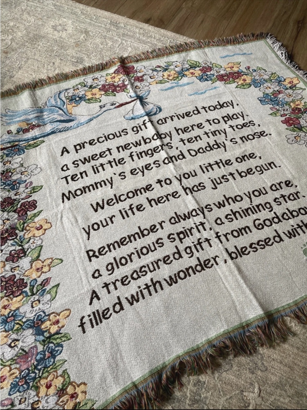Woven tapestry baby blanket stork and poem